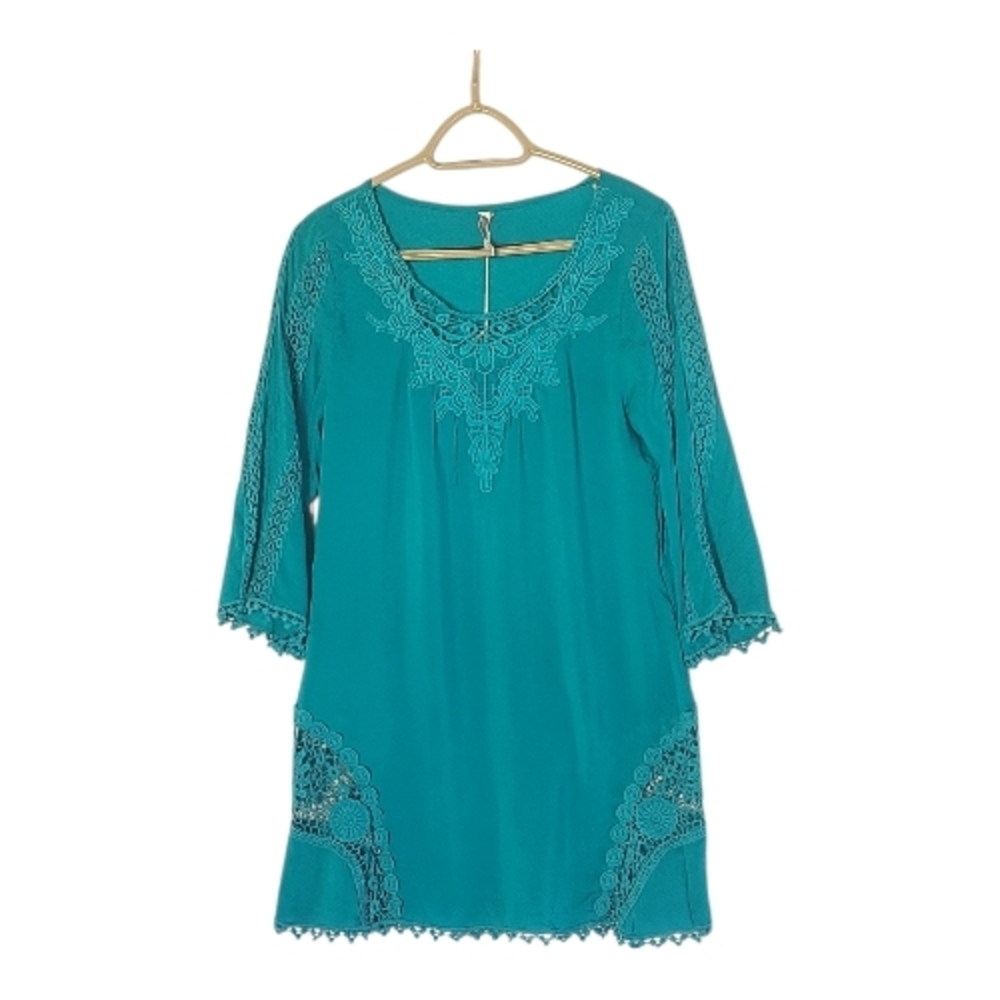 Monoreno Teal Crochet Lace Boho Mini Dress Tunic S